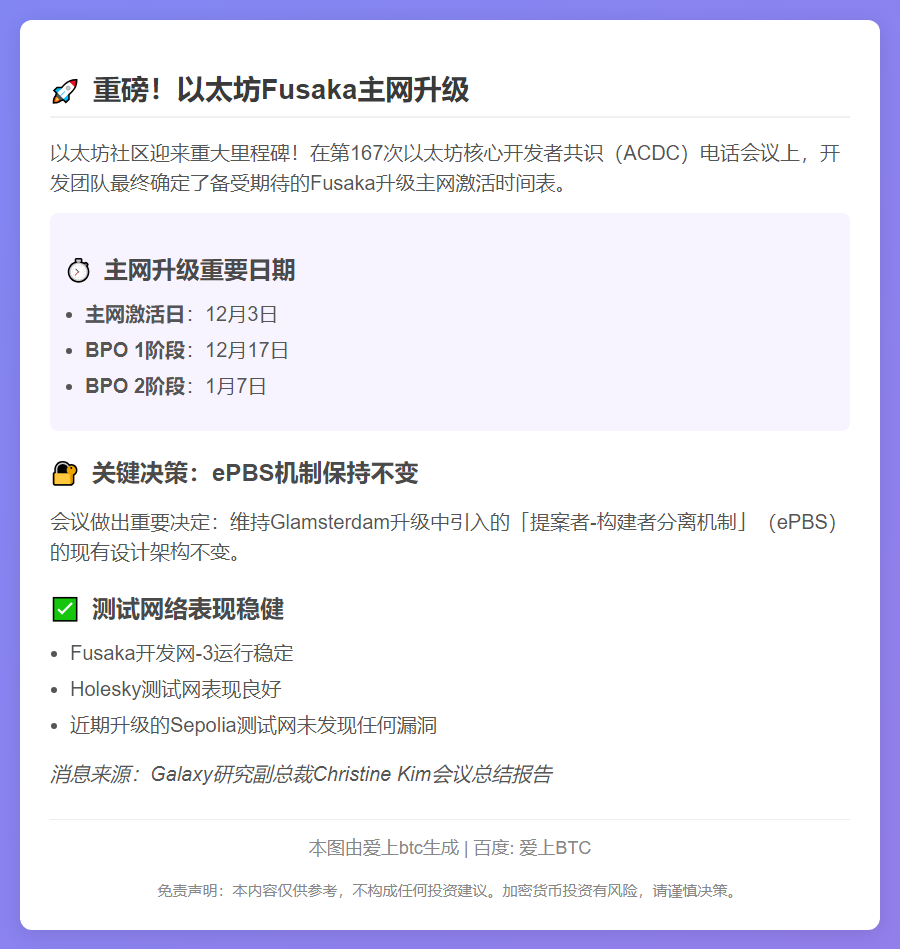 以太坊ACDC会议：Fusaka主网12月3日上线