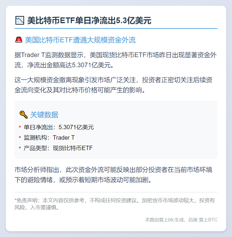 美比特币ETF单日净流出5.3亿美元