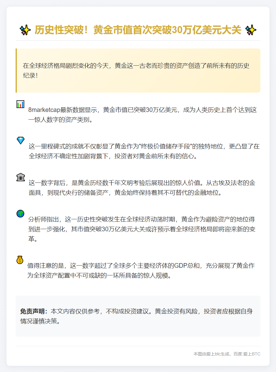 黄金市值首破30万亿
