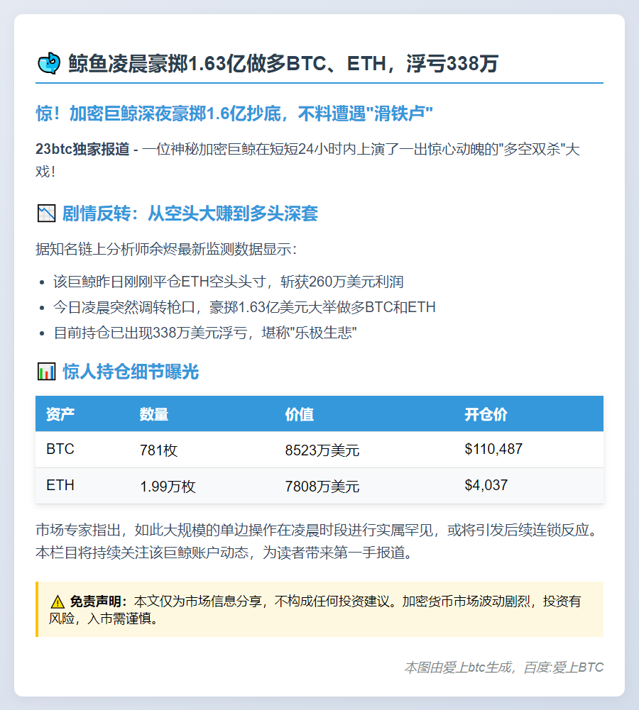 鲸鱼凌晨豪掷1.63亿做多BTC、ETH，浮亏338万