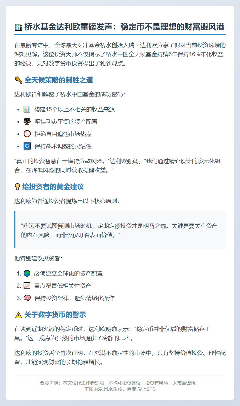 桥水创始人：稳定币非理想储值方式
