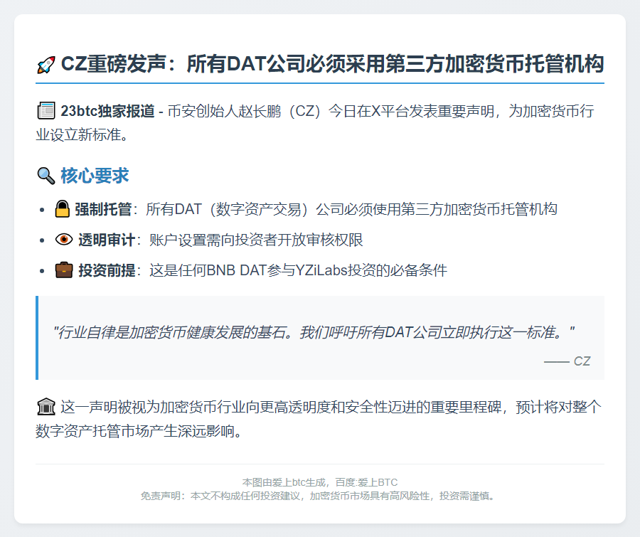 CZ呼吁DAT公司采用第三方加密托管