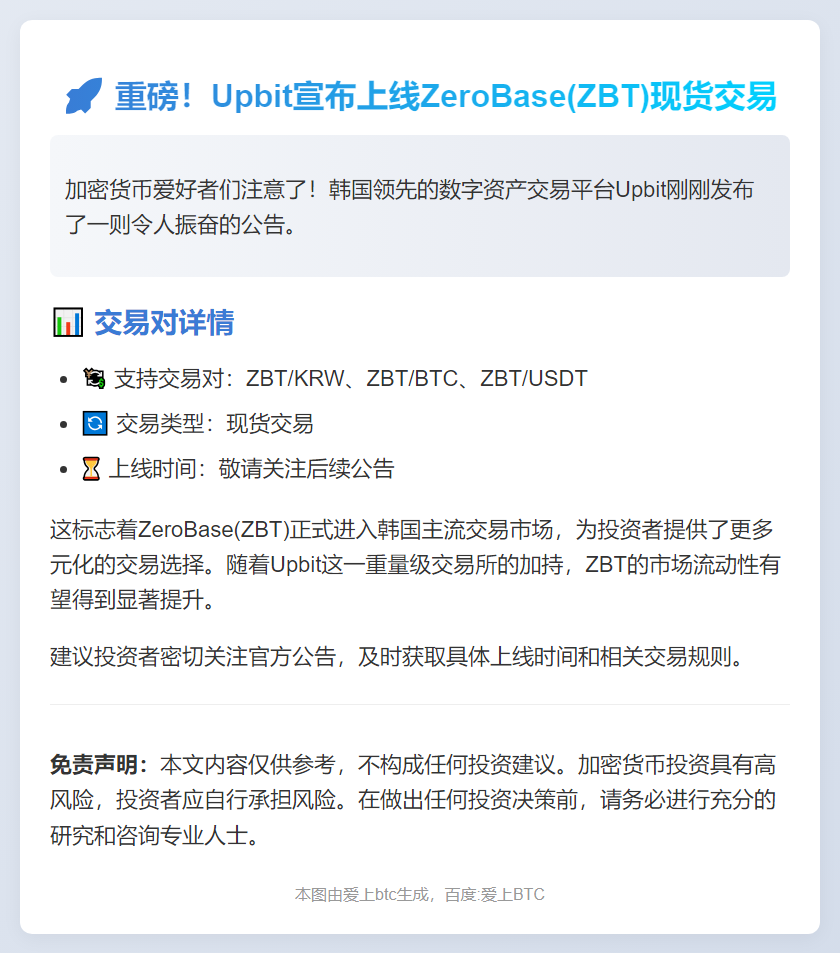 Upbit上线ZBT现货交易