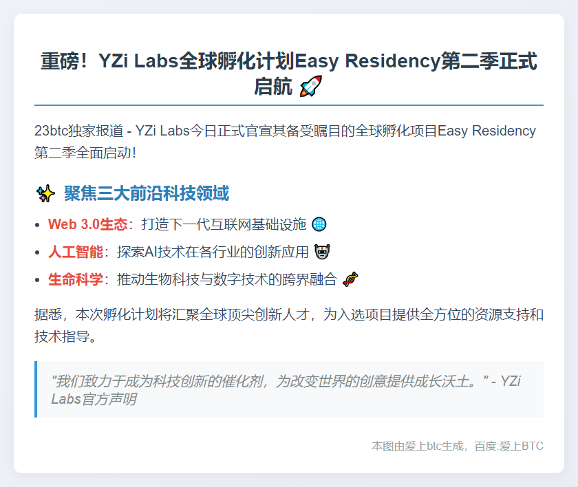 YZi Labs启动Easy Residency第二季