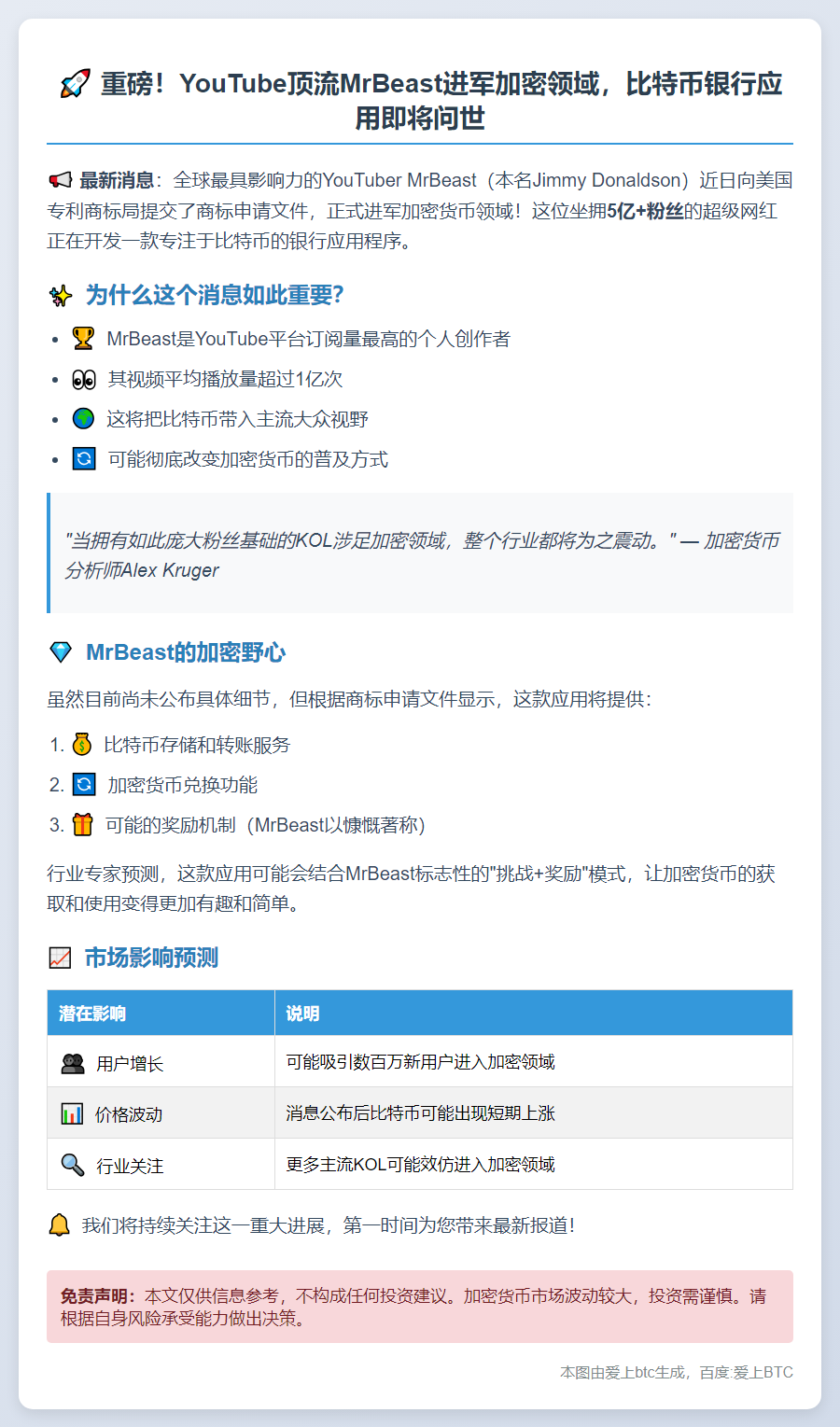 MrBeast将推出比特币银行应用
