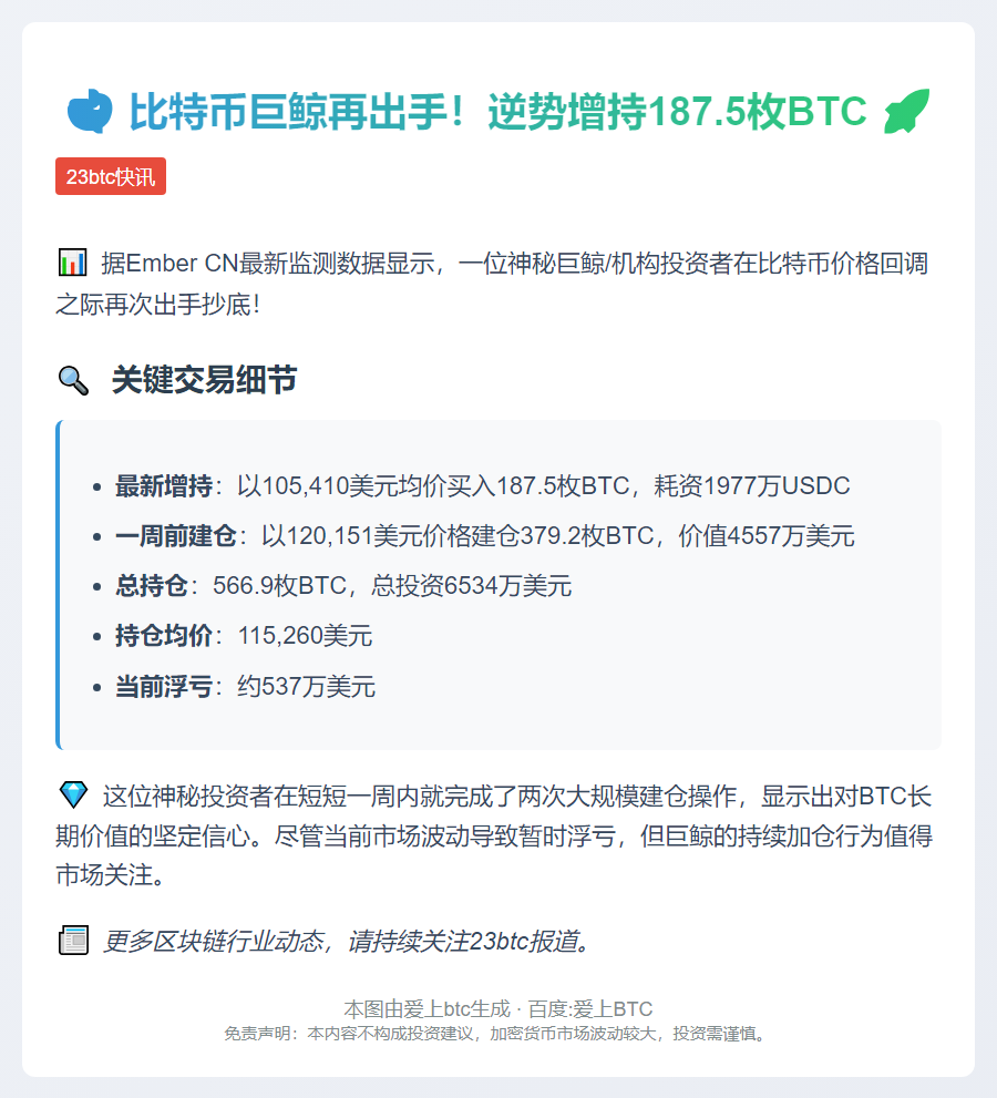 巨鲸跌后增持187.5枚BTC