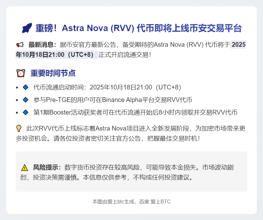 币安：Astra Nova (RVV) 代币流通将在 10 月 18 日 21:00 开始