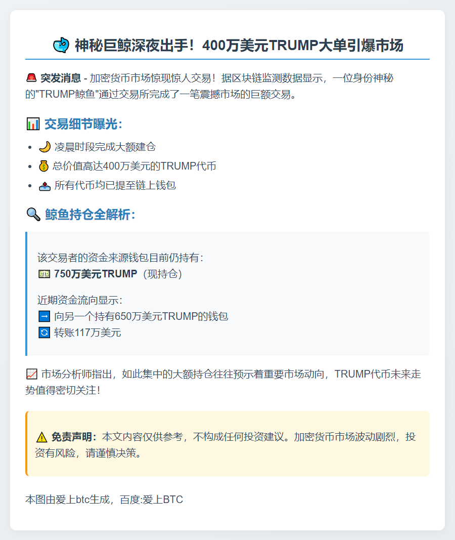 巨鲸凌晨提币400万TRUMP