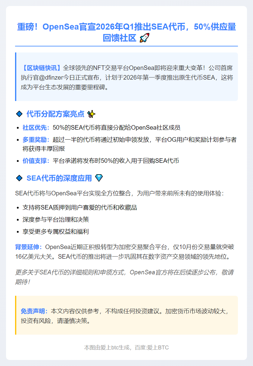 OpenSea CEO：2026年Q1推SEA代币
