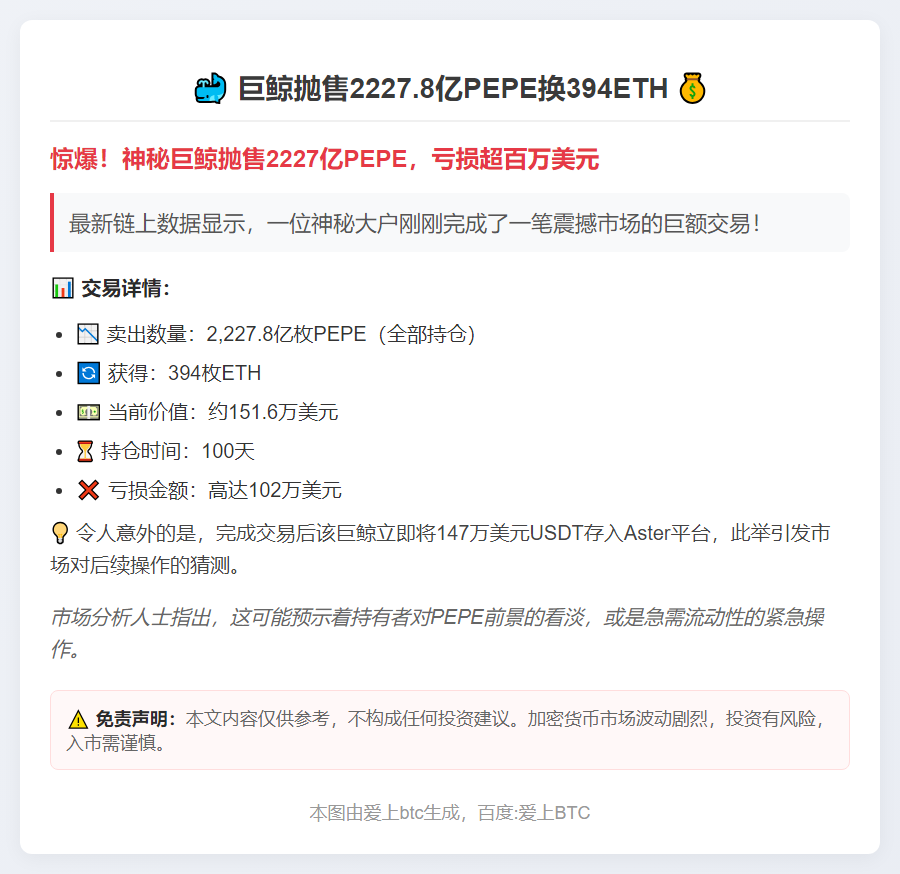 巨鲸抛售2227.8亿PEPE换394ETH