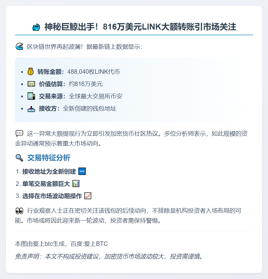新钱包从币安提取48.8万枚LINK