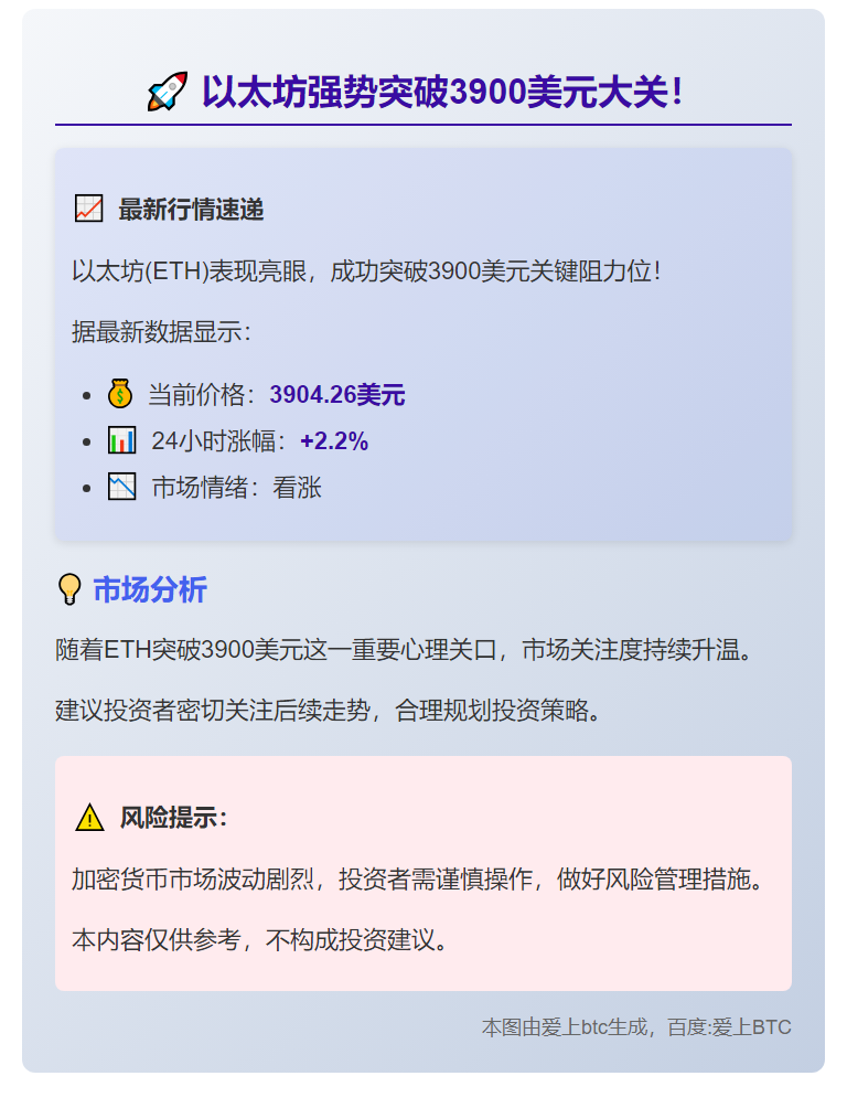 ETH涨破3900美元