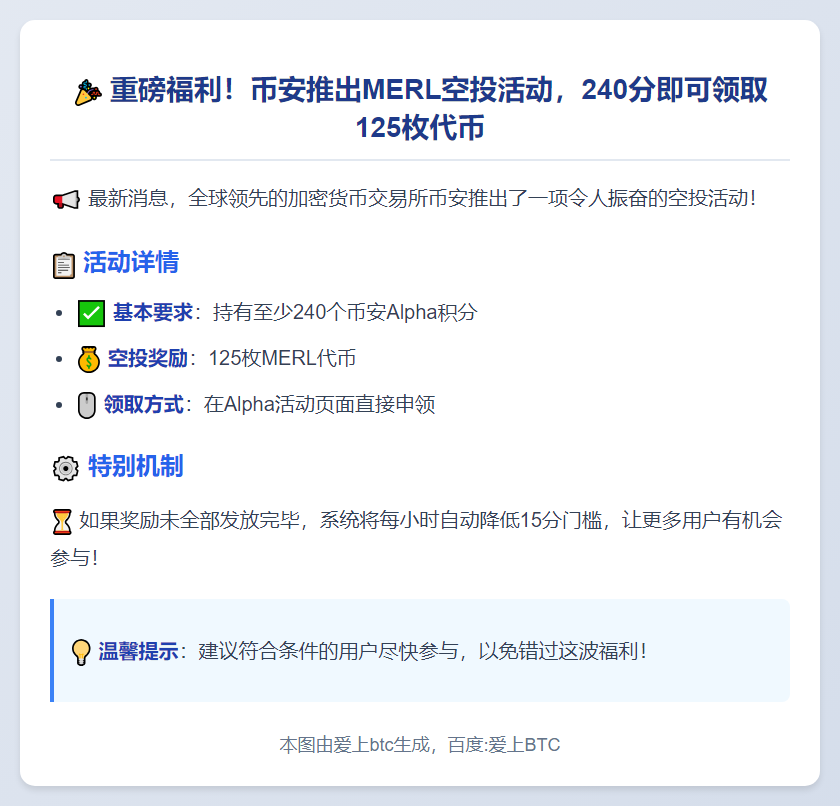 币安：240分换125枚MERL空投