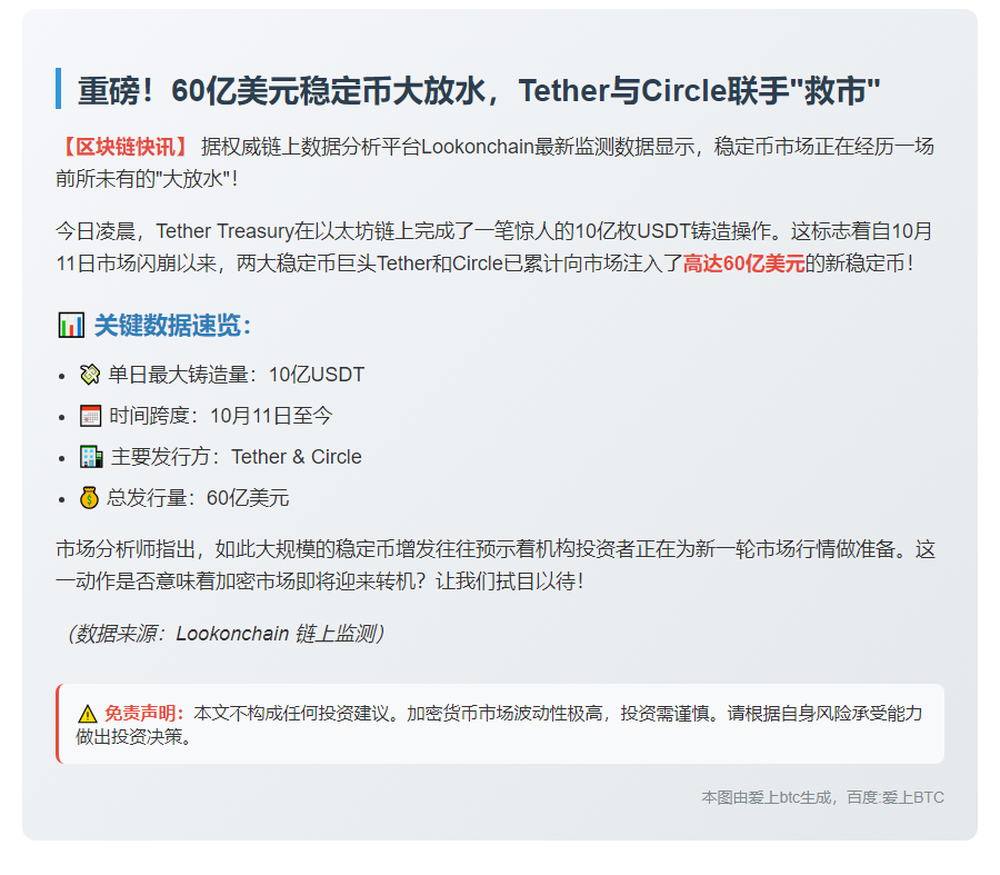 Tether和Circle新增60亿美元稳定币