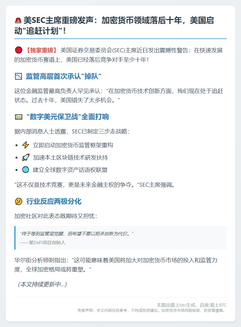 美SEC主席：美国加密货币落后十年，需加速追赶