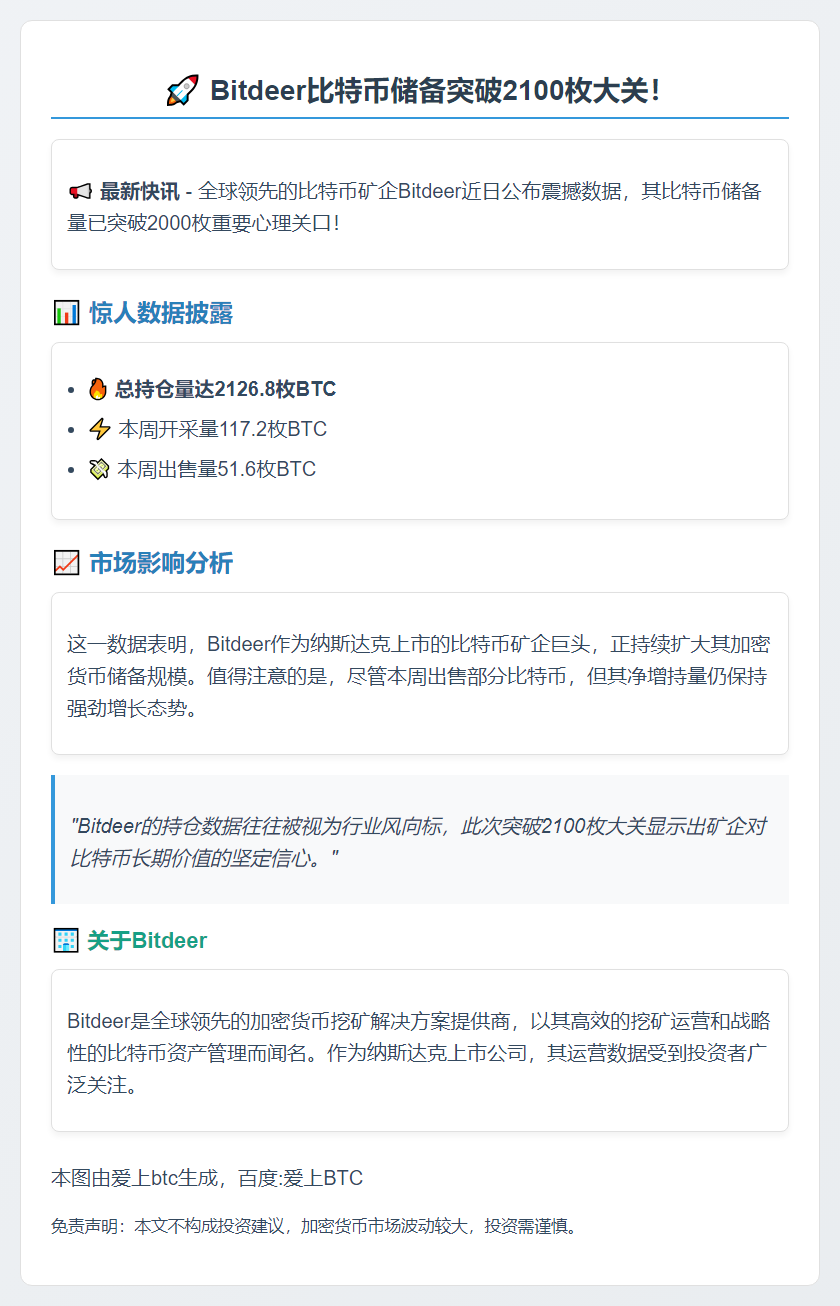 Bitdeer比特币持仓突破2126枚