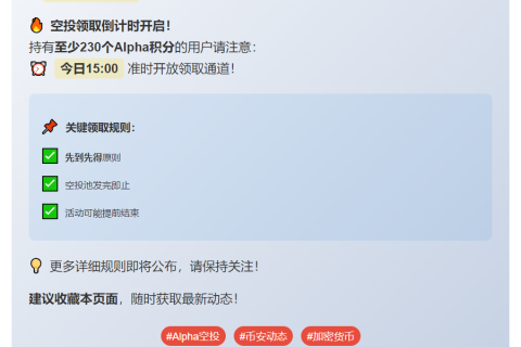 今日15:00，230 Alpha积分用户领空投