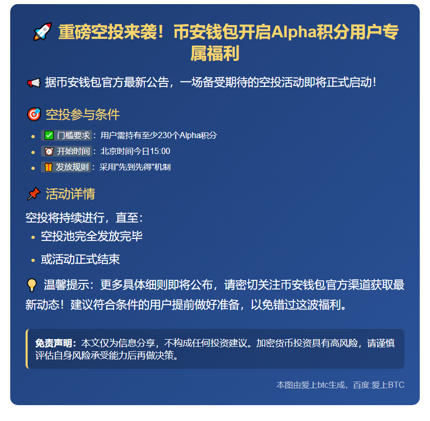 币安空投今日15:00开放，230 Alpha积分可领