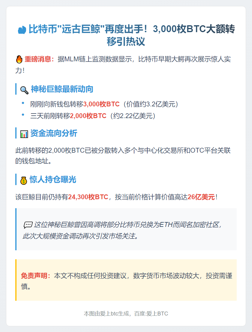 比特币巨鲸转出3000枚，仍持2.43万枚