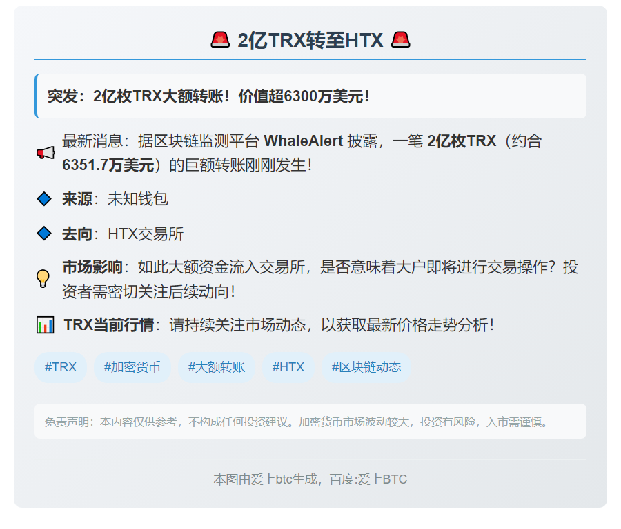 2亿TRX转至HTX