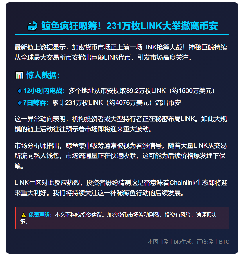 231万枚LINK从币安流出，价值4076万美元