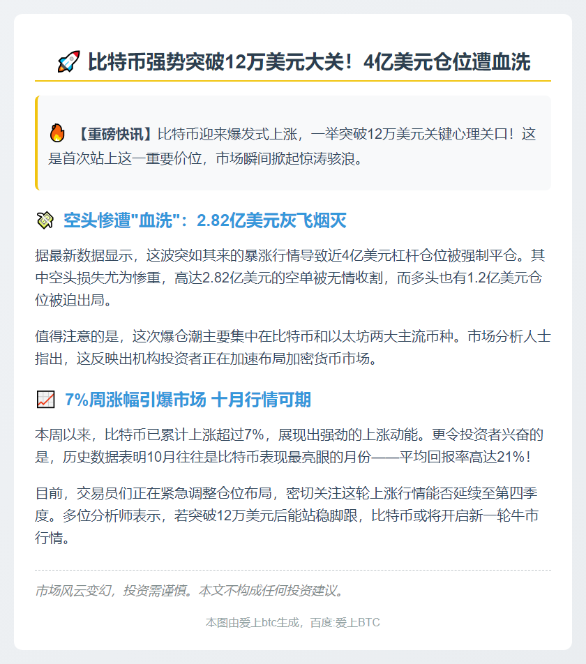 比特币重返12万美元 近4亿美元爆仓