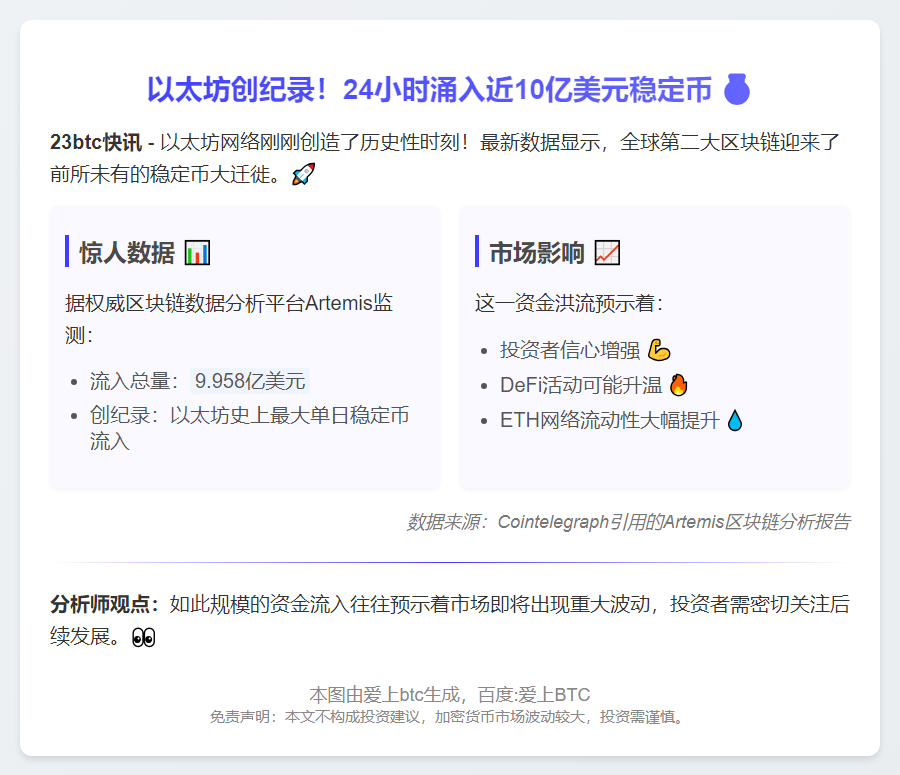 以太坊24小时流入近10亿稳定币