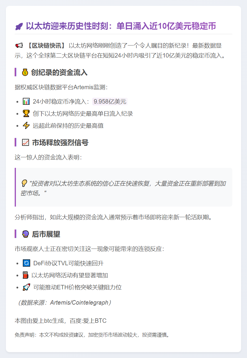 以太坊单日流入10亿稳定币破纪录