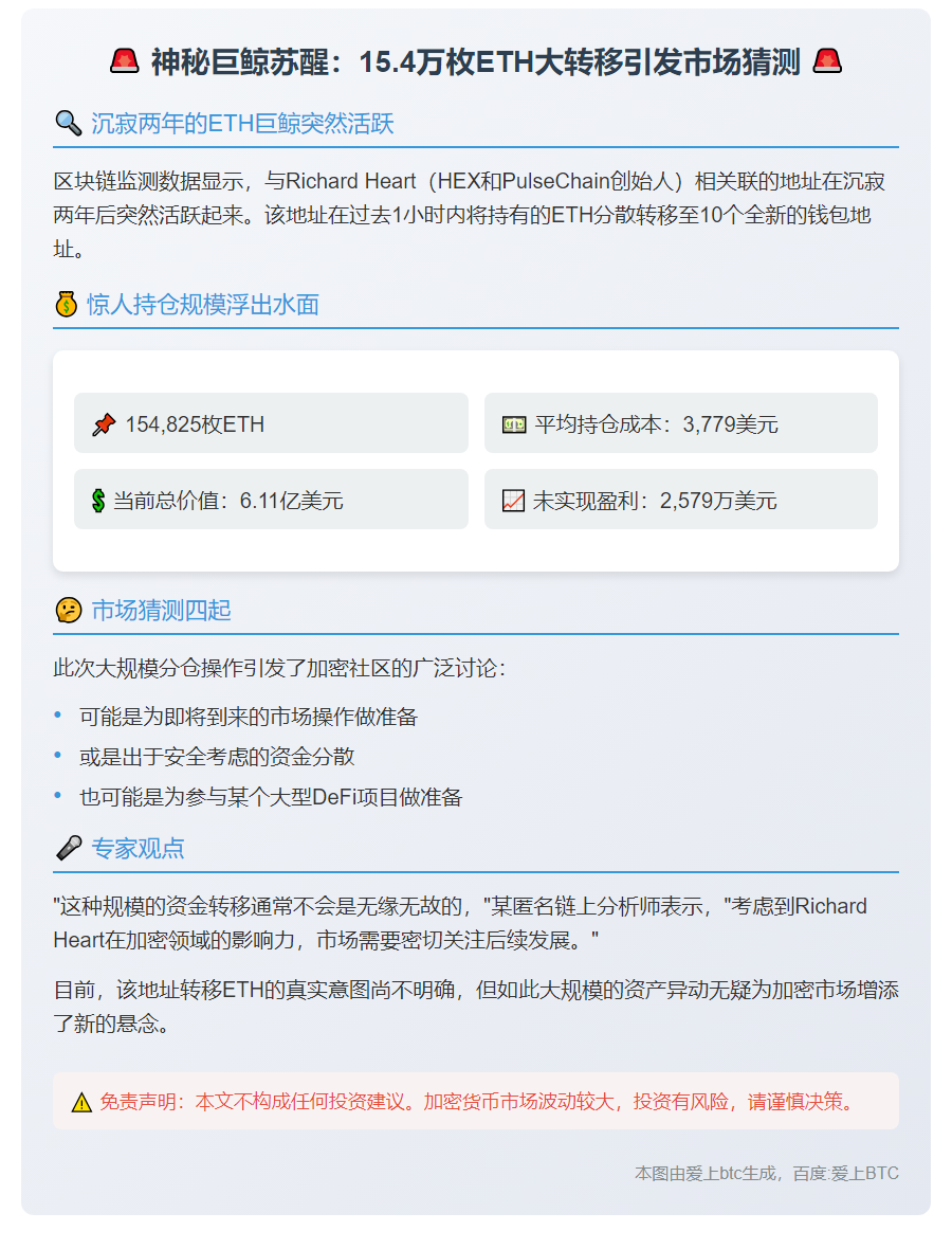 "15.4万枚ETH两年后转至10新地址"