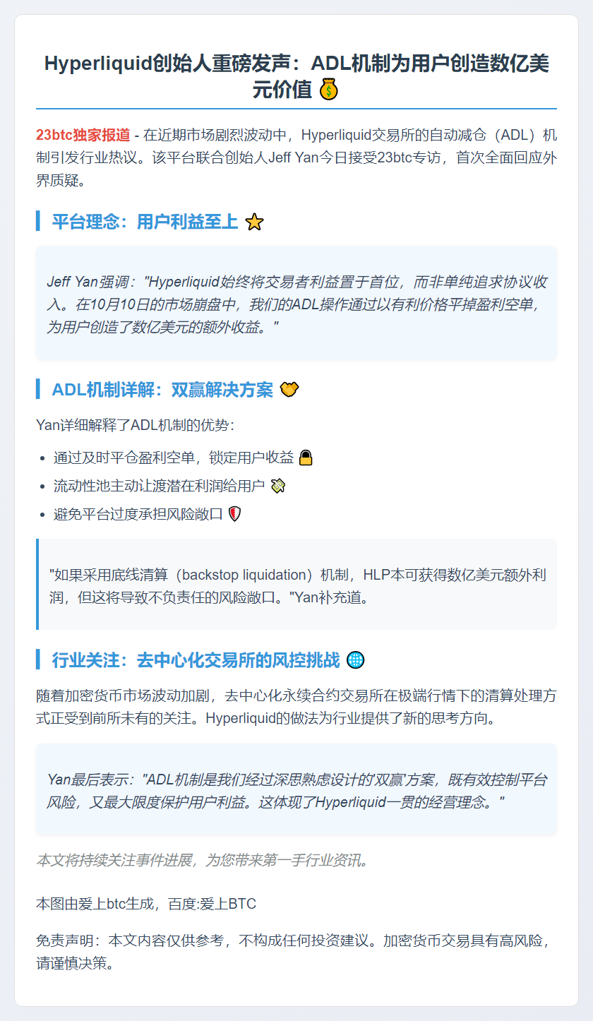 Hyperliquid联创：ADL机制助用户获利数亿美元