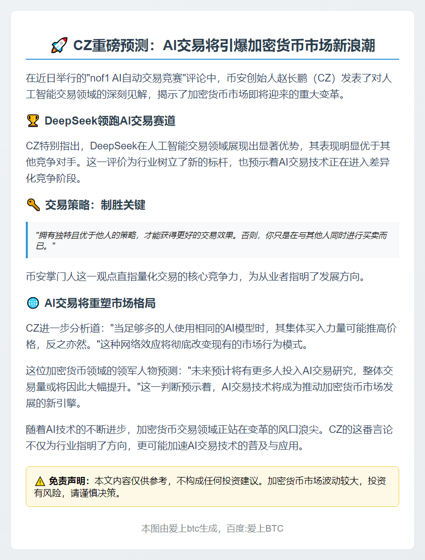 CZ：AI交易研究将推动交易量增长