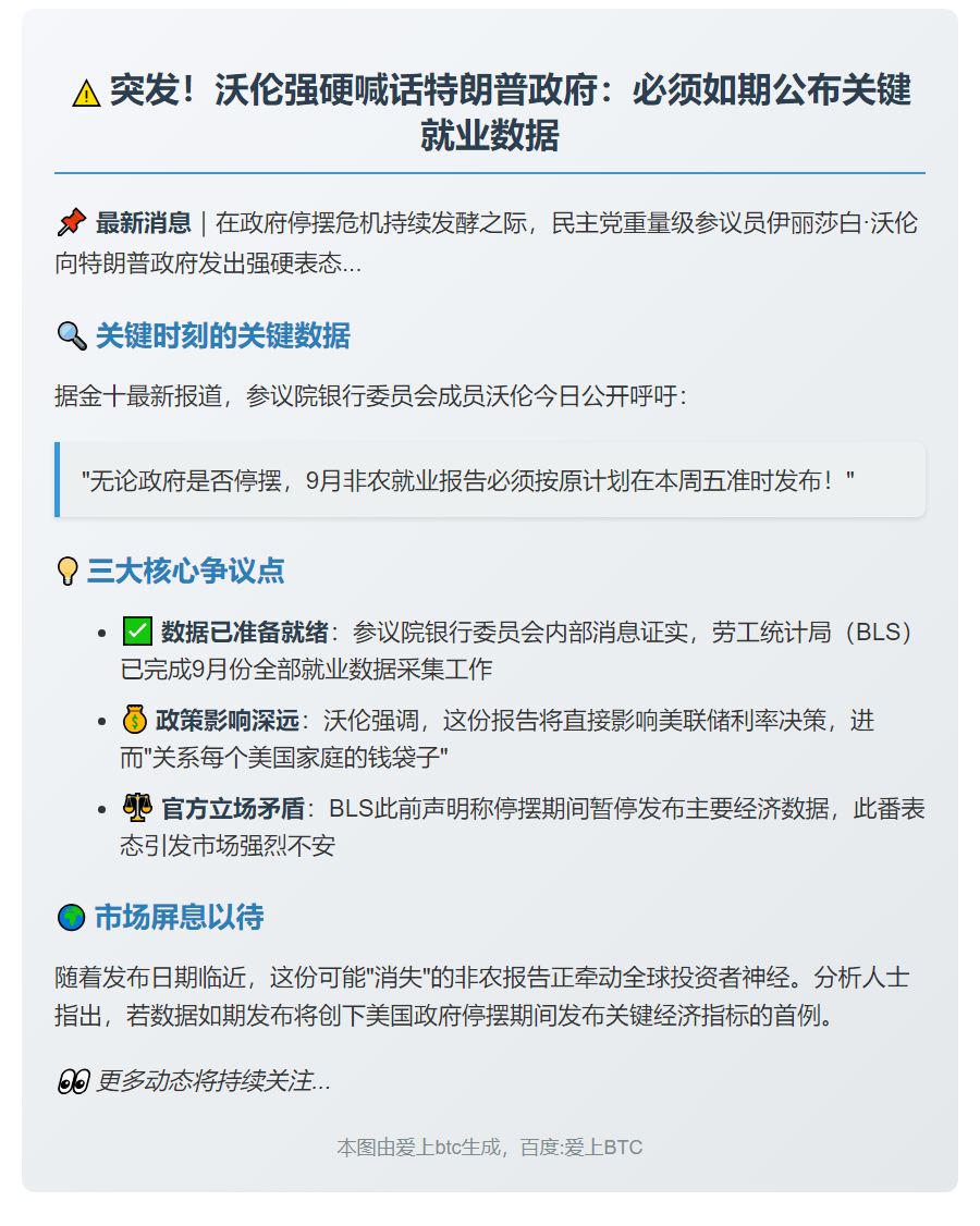 沃伦敦促按时发布9月非农数据