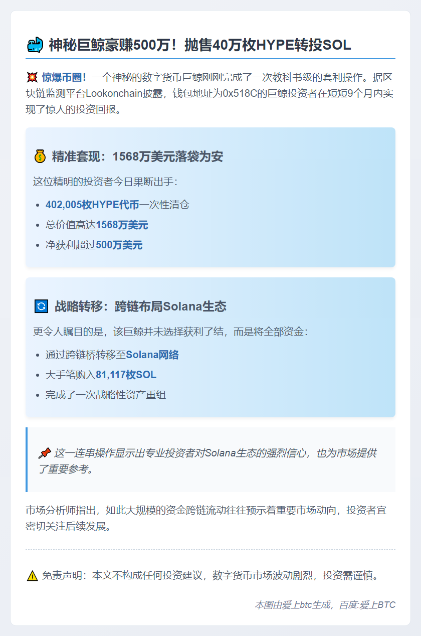 巨鲸抛售40万HYPE，买入8万SOL