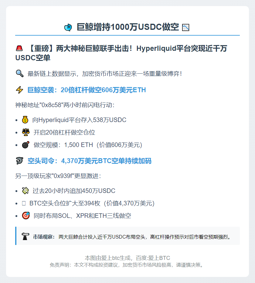 巨鲸增持1000万USDC做空