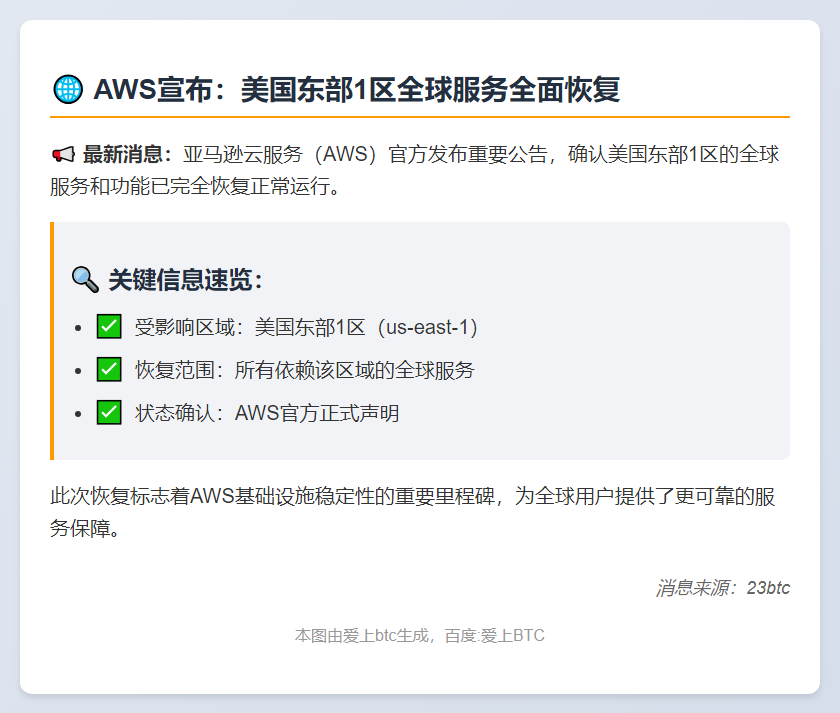 AWS确认美东1区服务恢复