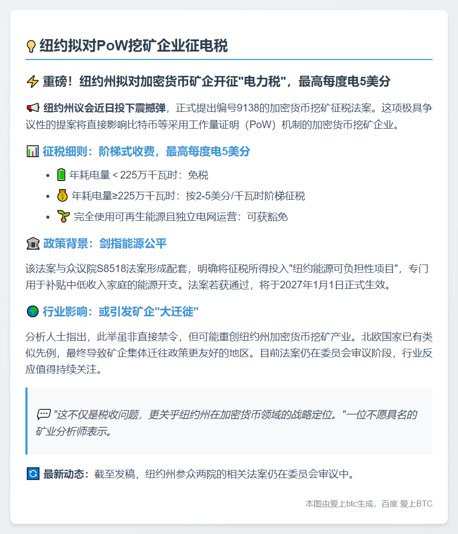 纽约拟对PoW挖矿企业征电税