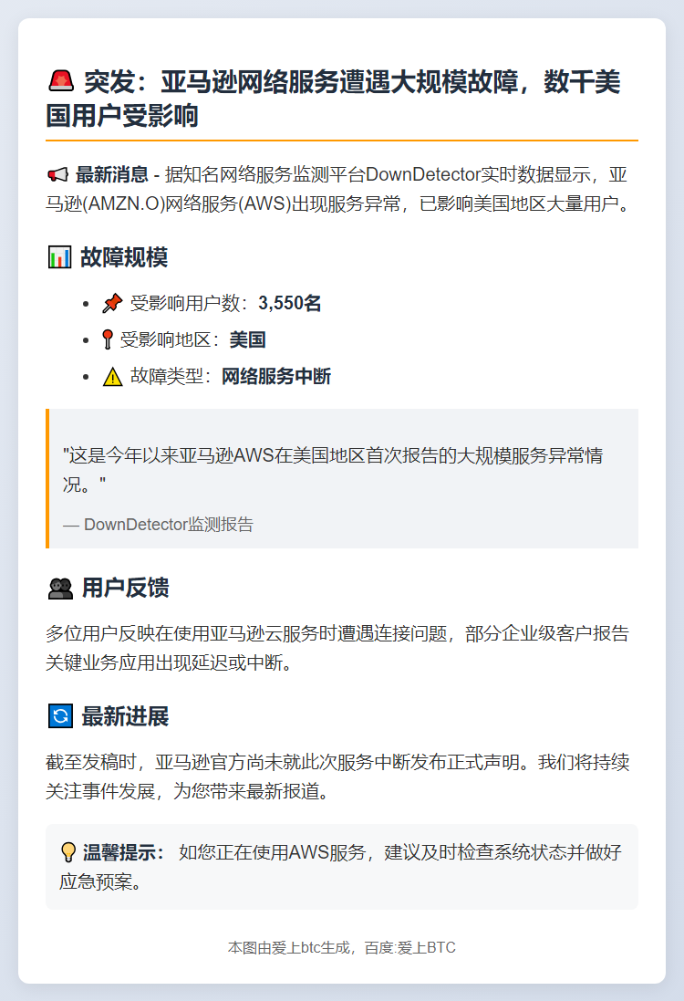 亚马逊服务故障影响3550名美国用户
