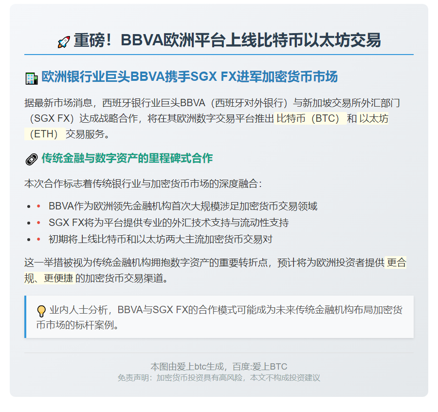 BBVA欧洲平台上线比特币以太坊交易
