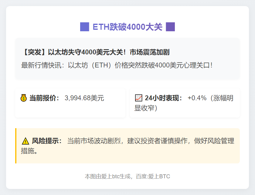 ETH跌破4000大关