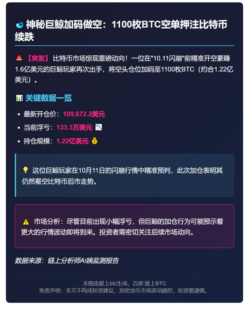 巨鲸空单加仓1100枚BTC，浮亏133万