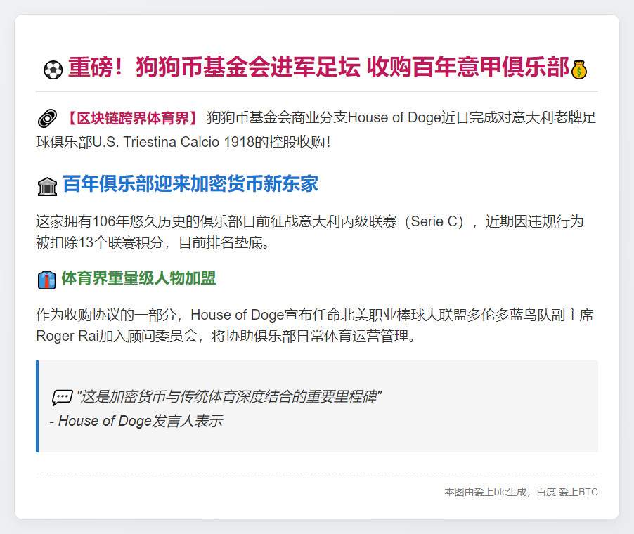 狗狗币基金收购意甲俱乐部