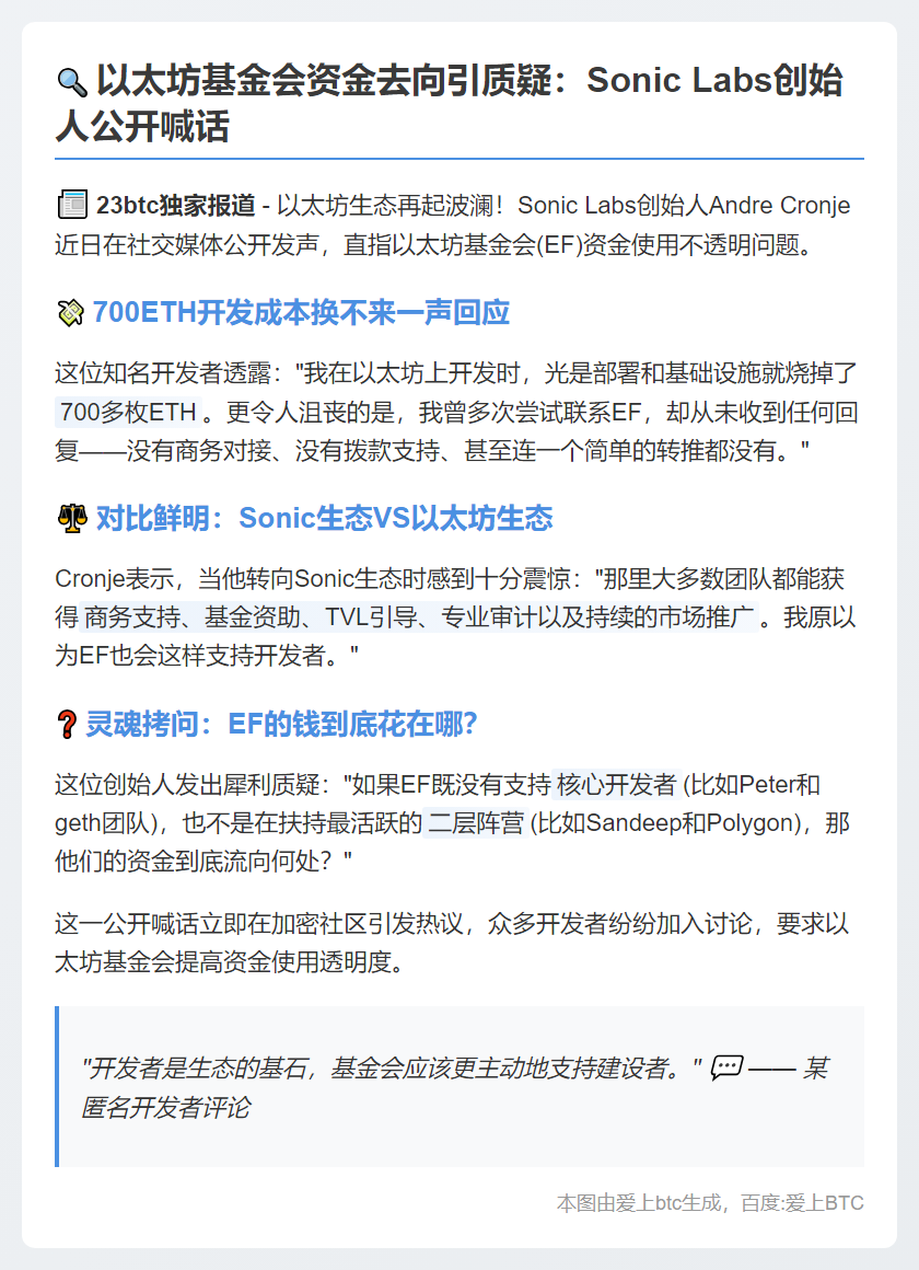 Sonic Labs质疑以太坊基金会资金去向