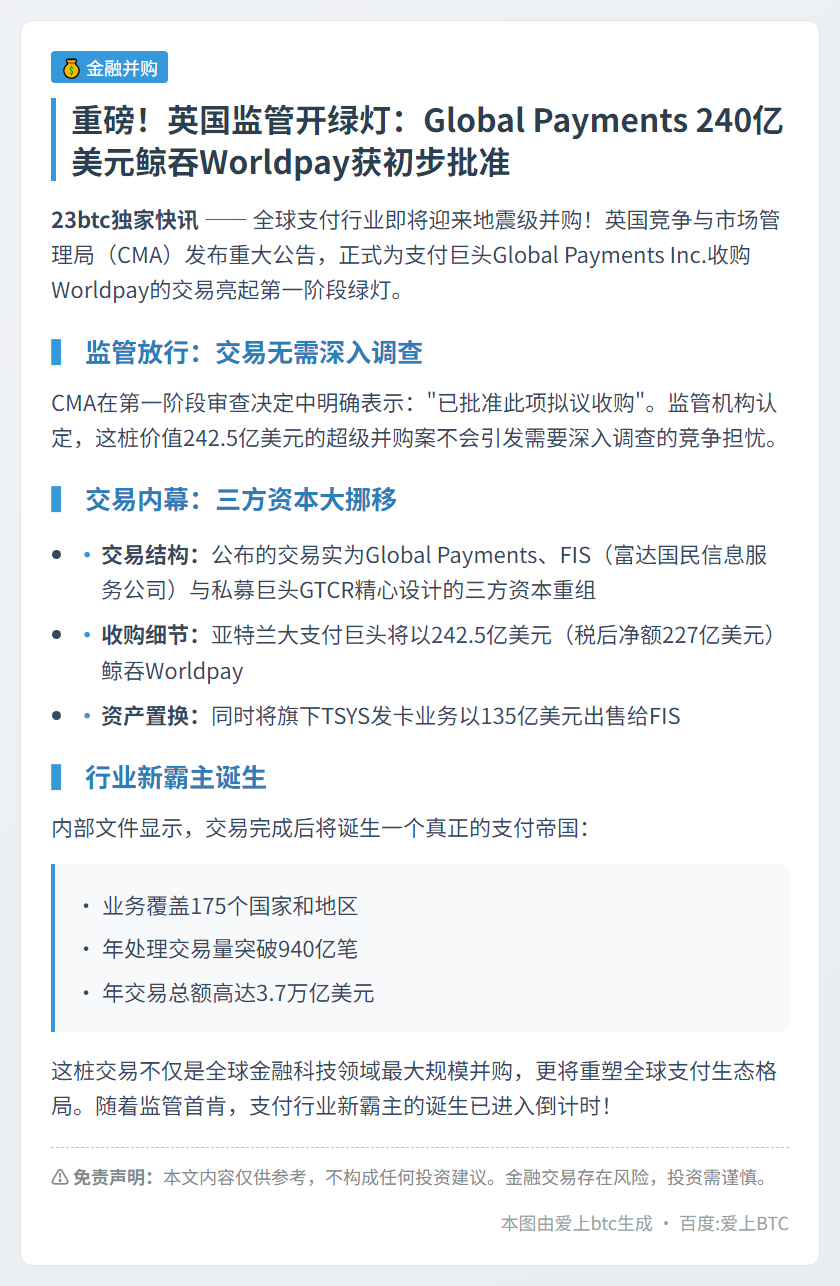 英监管批准Global Payments 240亿美元收购Worldpay
