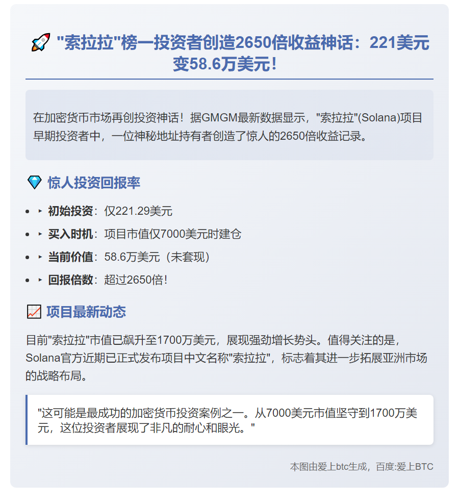 "索拉拉"榜一7千美元买入，获利2650倍