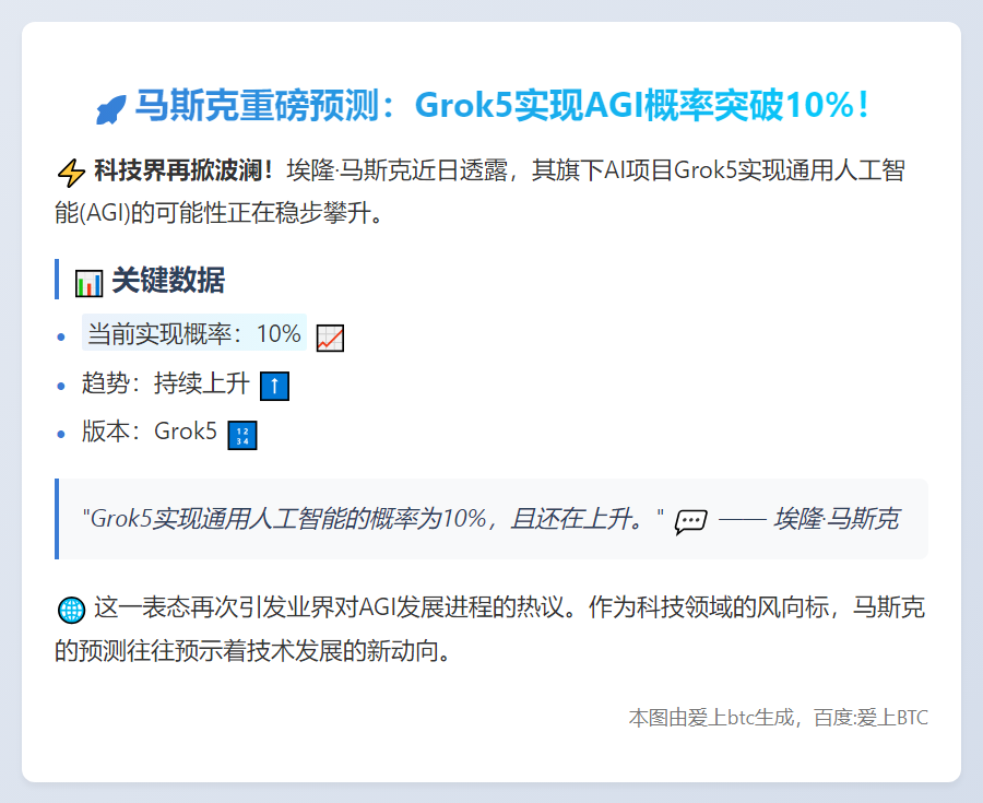 马斯克：Grok5有10%几率实现AGI