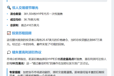 鲸鱼清仓38万HYPE套现416万美元