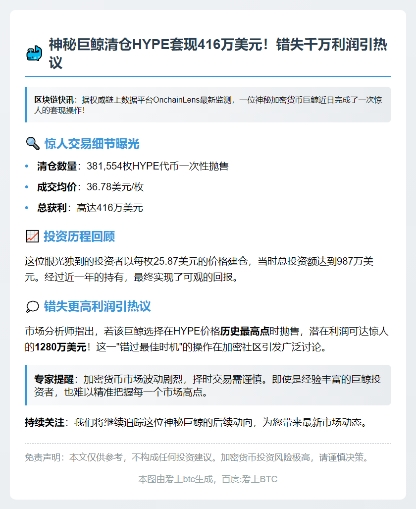 鲸鱼清仓38万HYPE套现416万美元