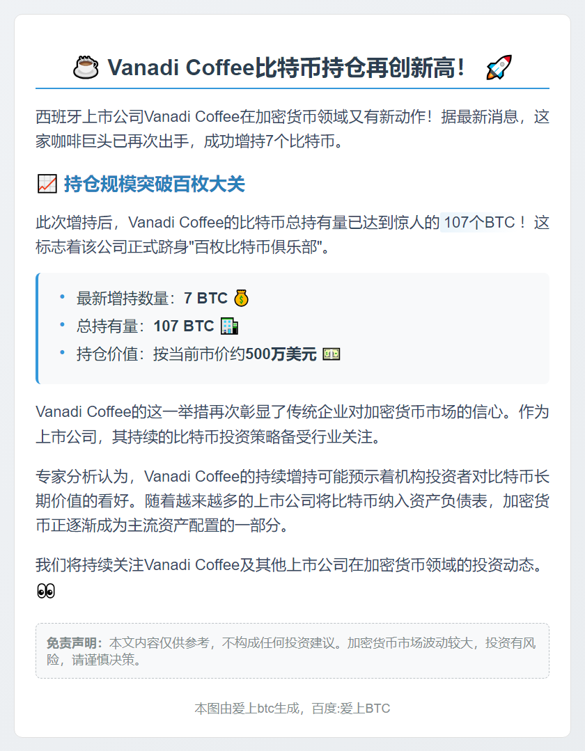 Vanadi Coffee增持7比特币，总量达107个