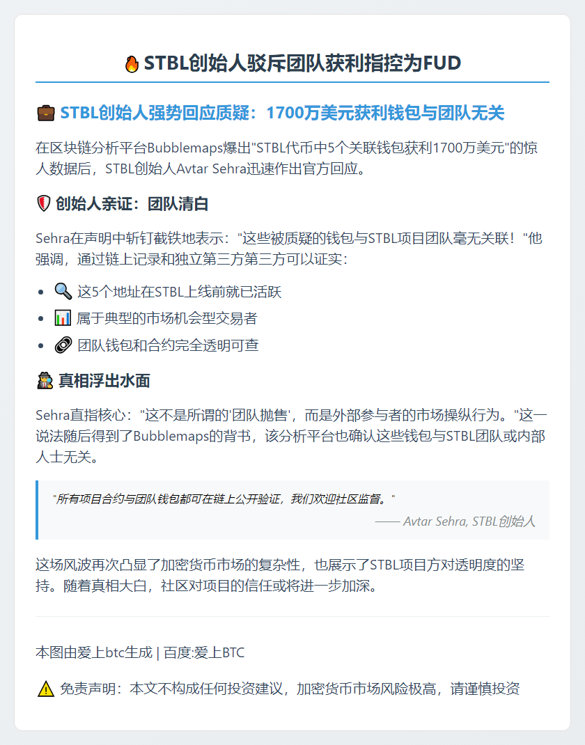 STBL创始人驳斥团队获利指控为FUD