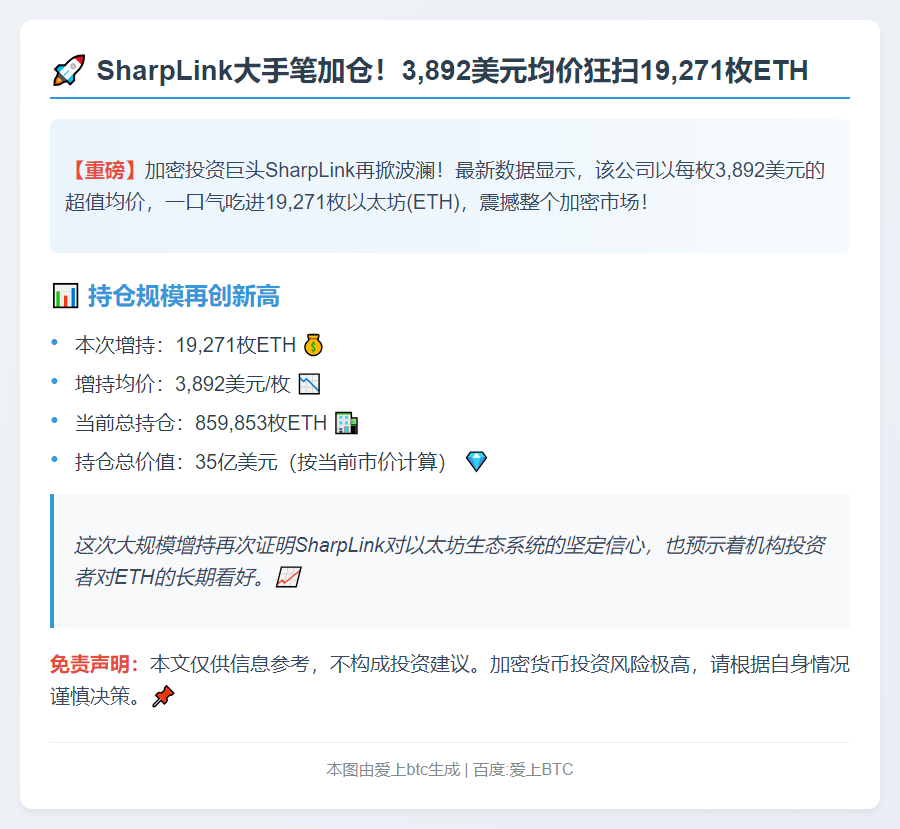SharpLink 3,892美元收购1.9万ETH